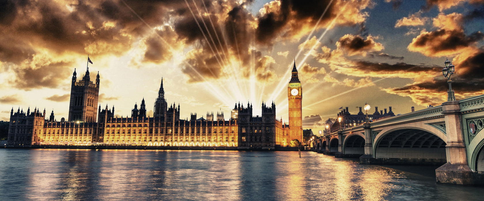 Big Ben am Abend, Glasbild Panorama