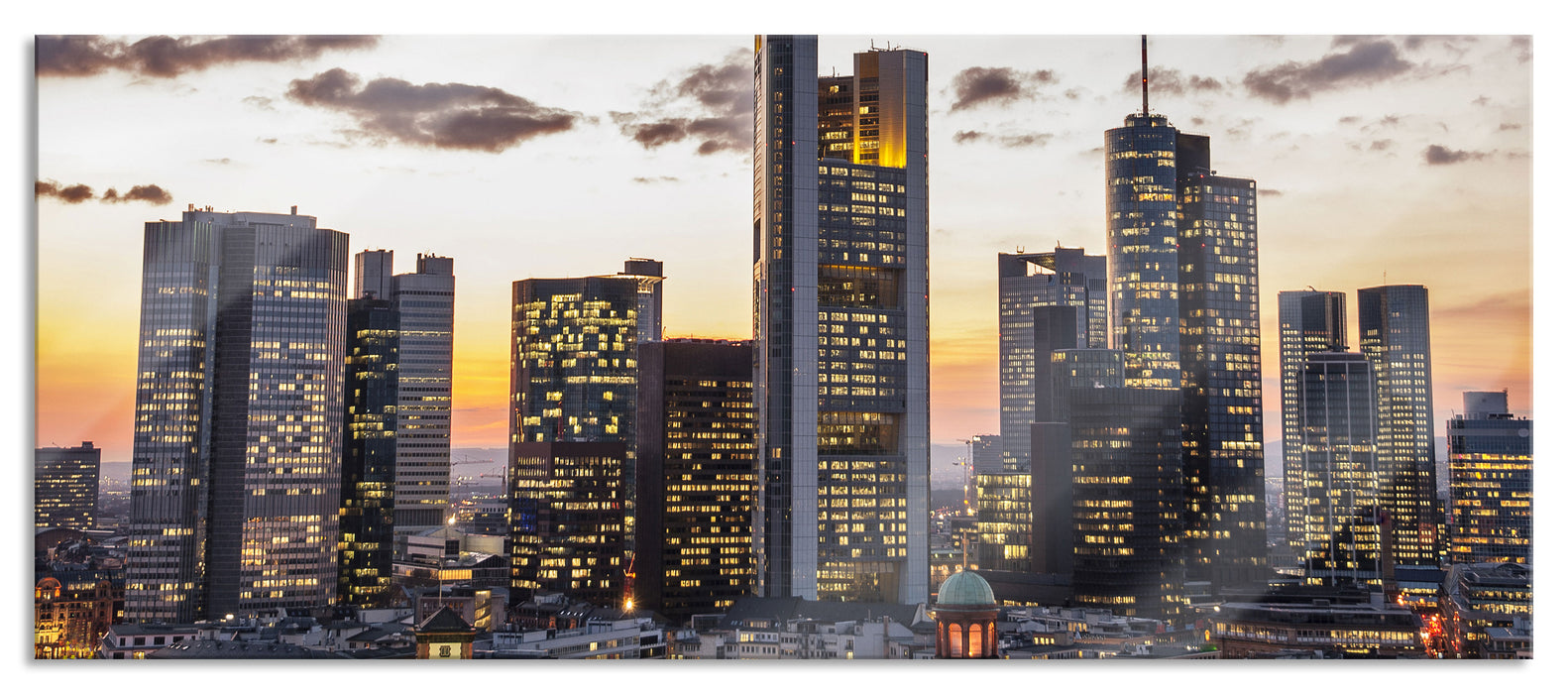 Pixxprint Wolkenkratzer bei Sonnenuntergang, Glasbild Panorama