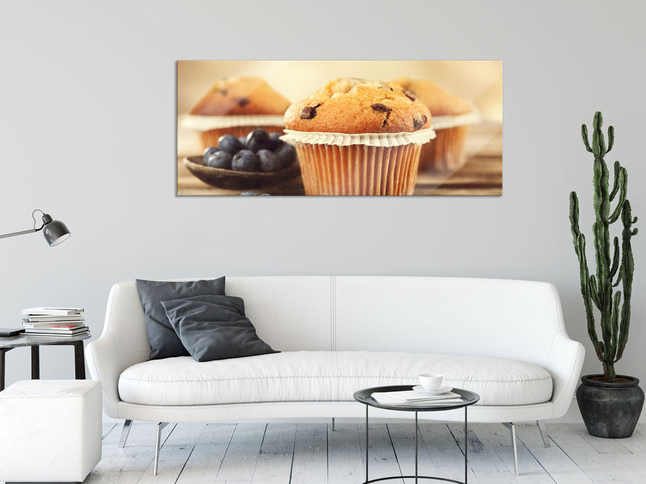 Muffins mit Blaubeeren, Glasbild Panorama