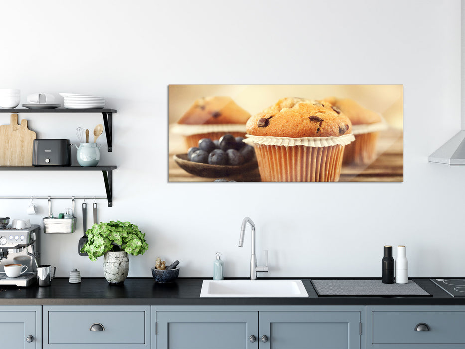 Muffins mit Blaubeeren, Glasbild Panorama