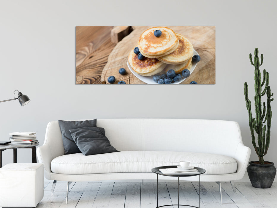 Pancakes mit Blaubeeren, Glasbild Panorama