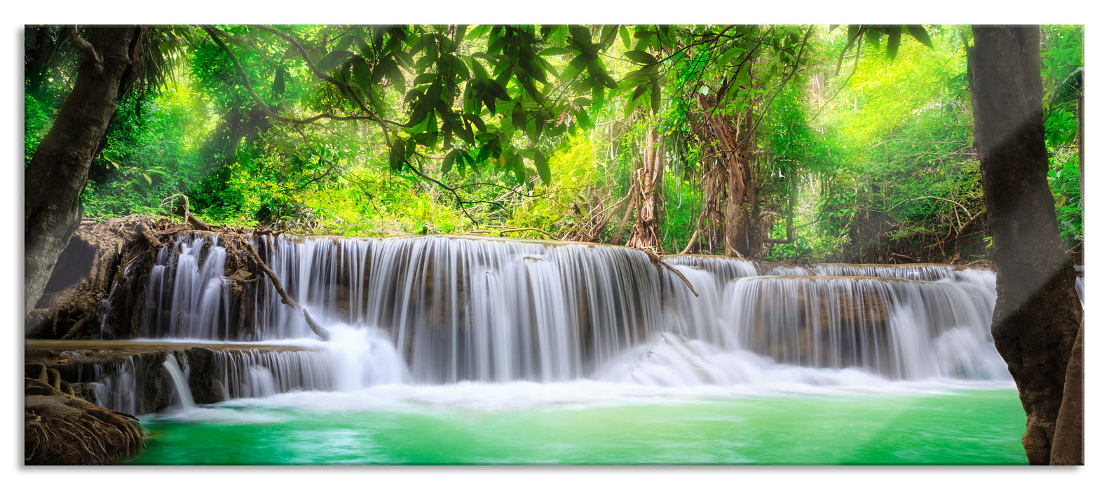 Pixxprint Kleiner Wasserfall im Dschungel, Glasbild Panorama