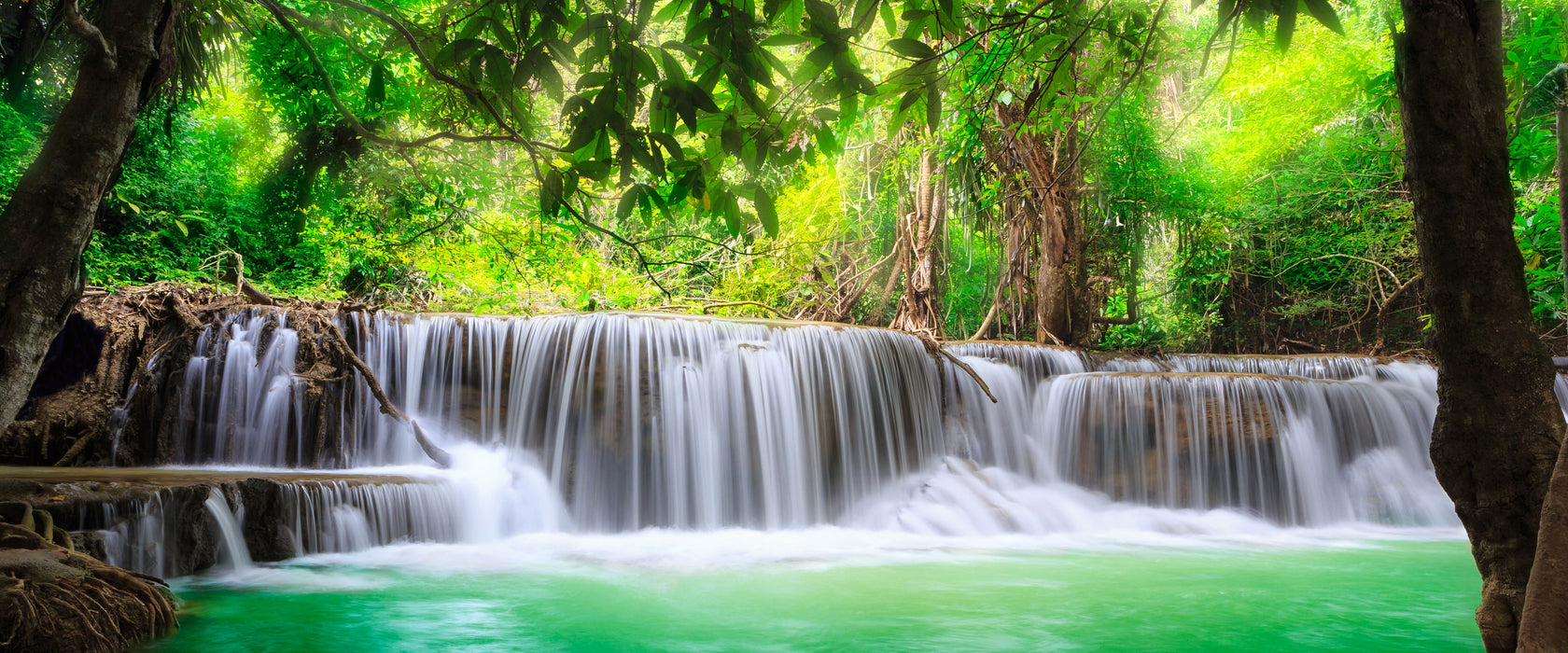 Kleiner Wasserfall im Dschungel, Glasbild Panorama