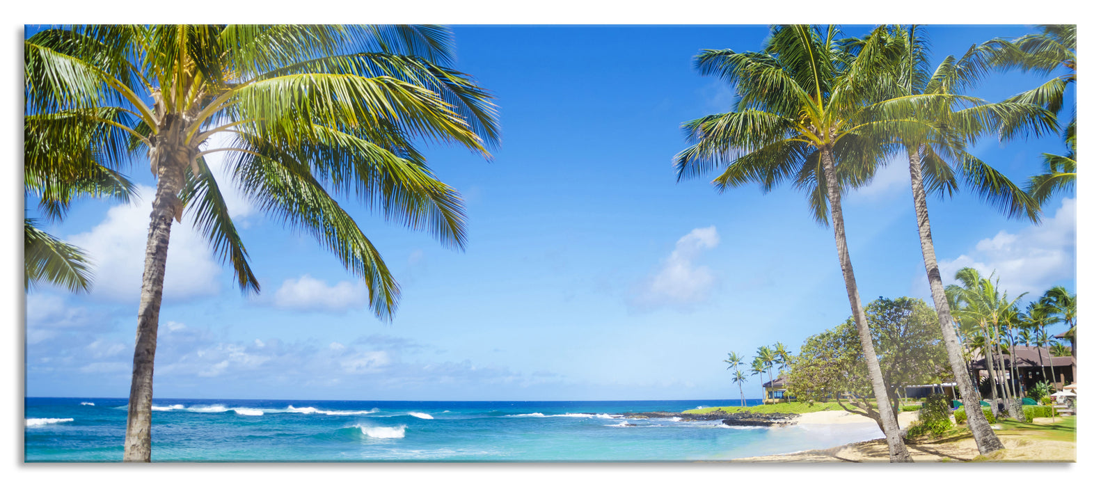 Pixxprint Wunderschöner Strand mit Palmen, Glasbild Panorama