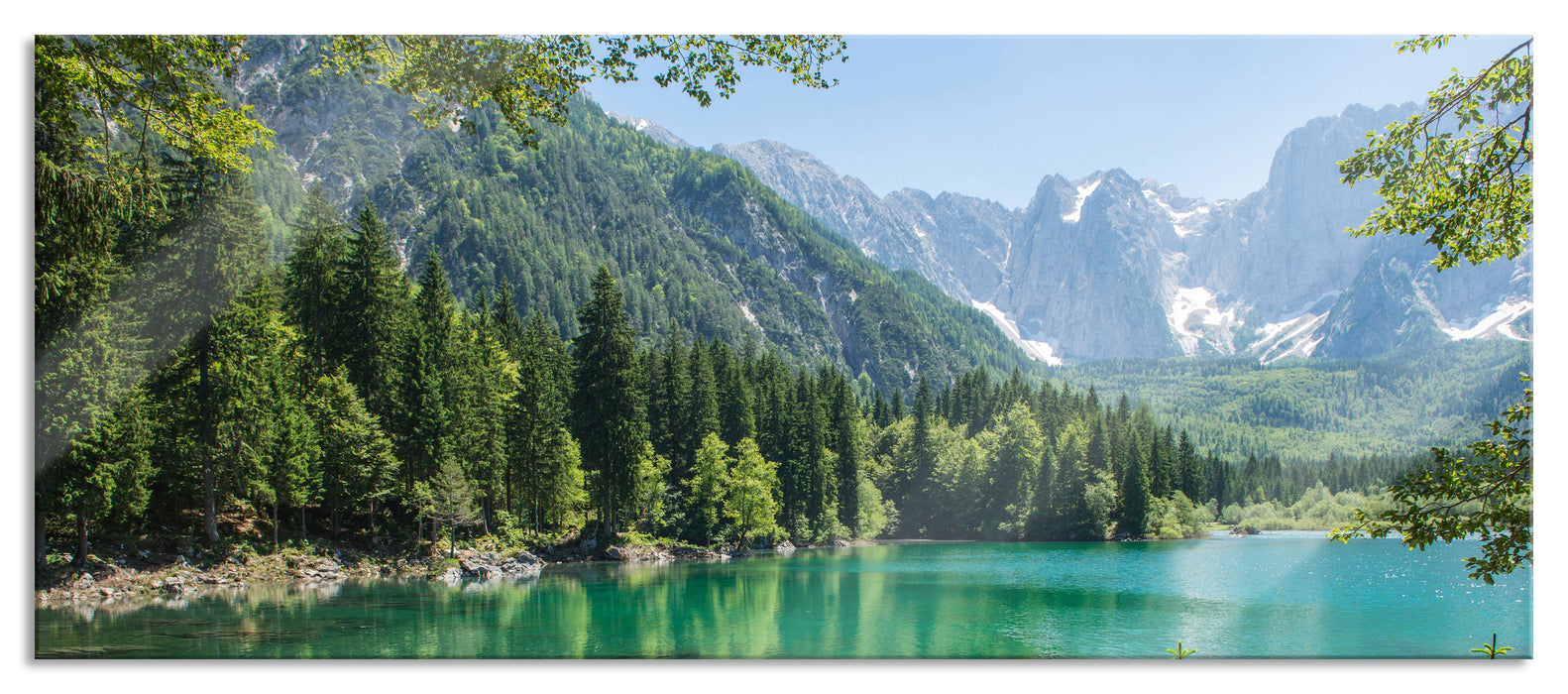 Pixxprint Wunderschöner See im Wald, Glasbild Panorama