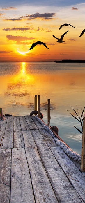 Steg bei Sonnenuntergang, Glasbild Panorama