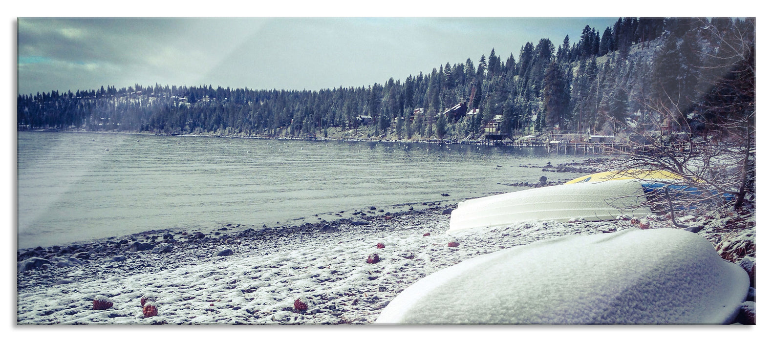 Pixxprint Boote im Winter, Glasbild Panorama