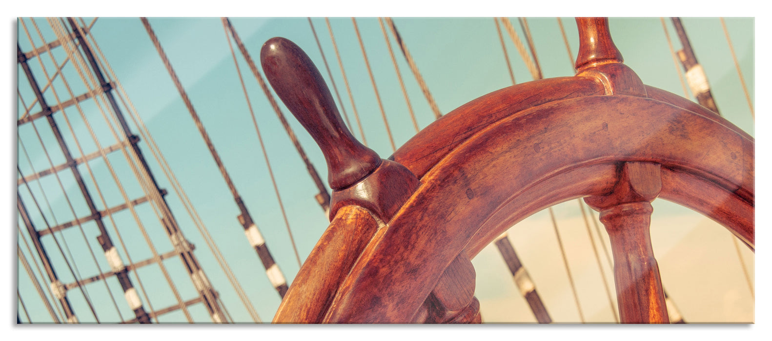 Pixxprint Steuerrad auf dem Schiff, Glasbild Panorama