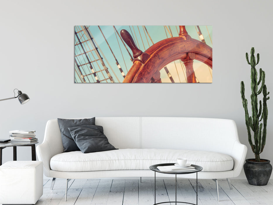 Steuerrad auf dem Schiff, Glasbild Panorama