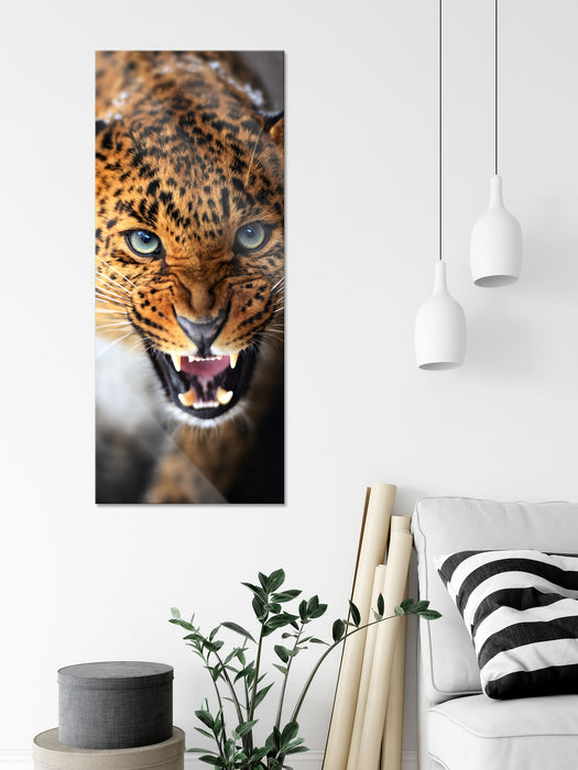 Fauchender Leopard, Glasbild Panorama