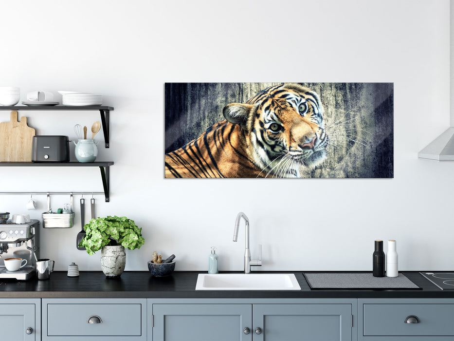 Neugieriger Tiger, Glasbild Panorama