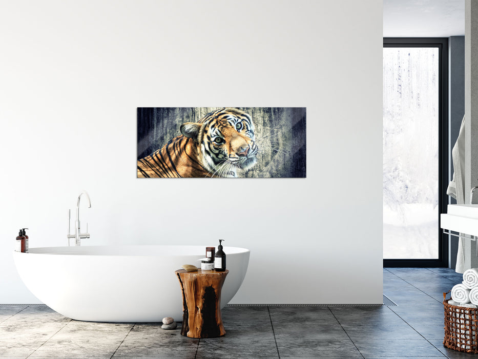 Neugieriger Tiger, Glasbild Panorama