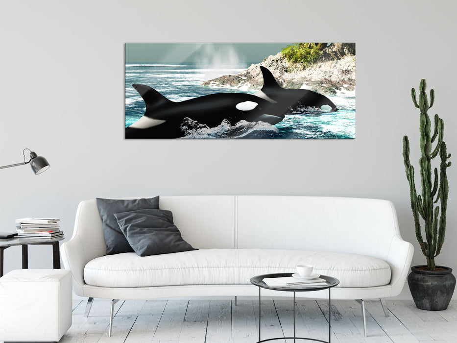 Orcas vor Insel, Glasbild Panorama