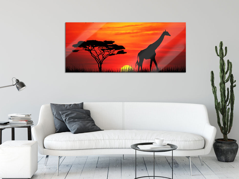 Giraffe im Sonnenuntergang, Glasbild Panorama