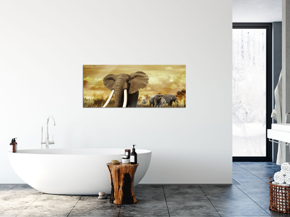 Stolzer Elefant in Savanne, Glasbild Panorama