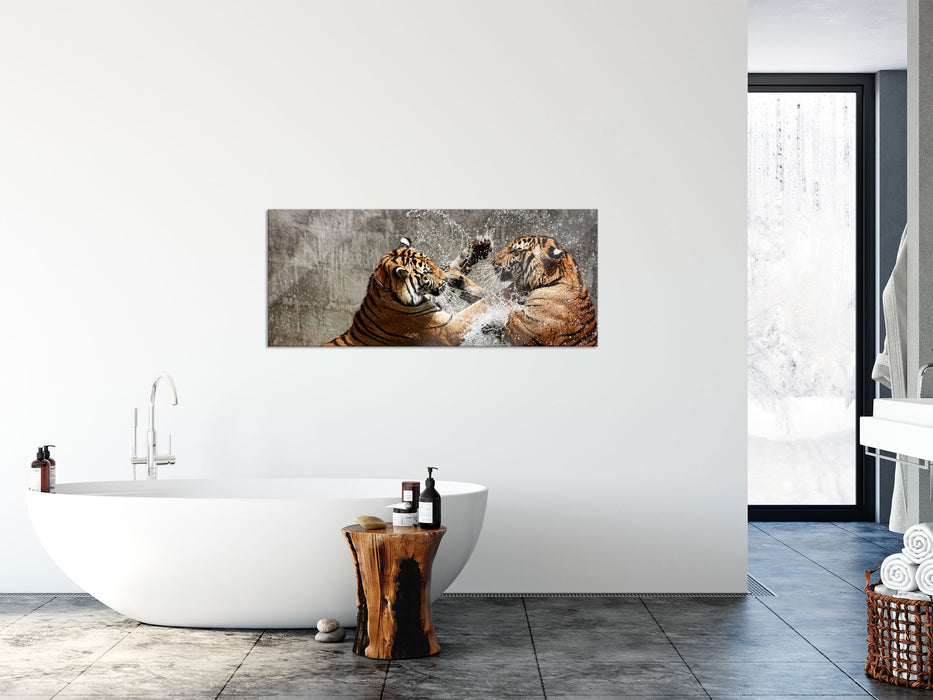 Kämpfende Tiger im Wasser, Glasbild Panorama