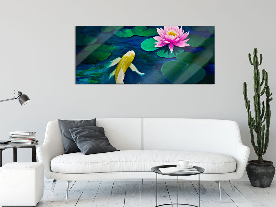 Koi mit Seerose Kunst, Glasbild Panorama