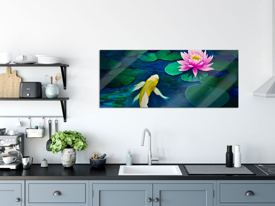 Koi mit Seerose Kunst, Glasbild Panorama