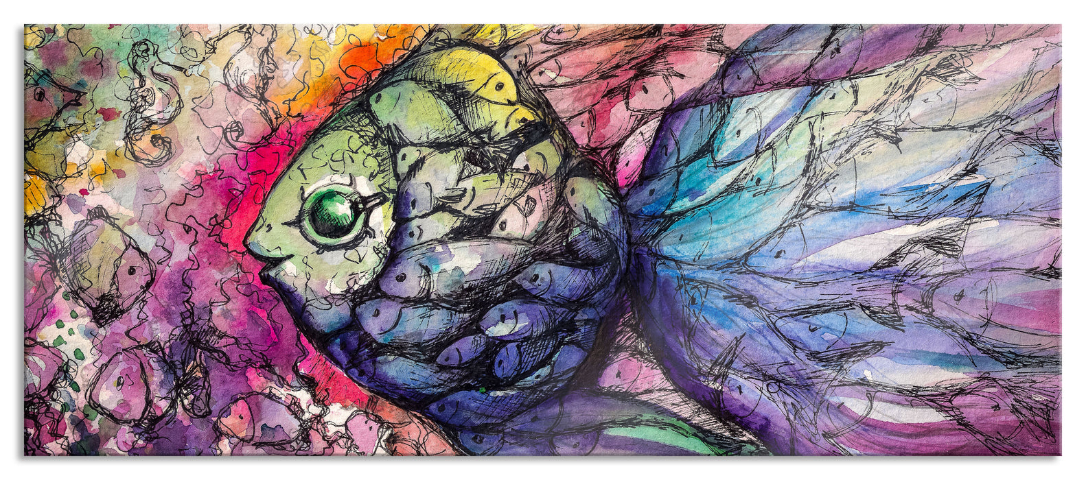 Pixxprint Bunte Fische Kunst, Glasbild Panorama