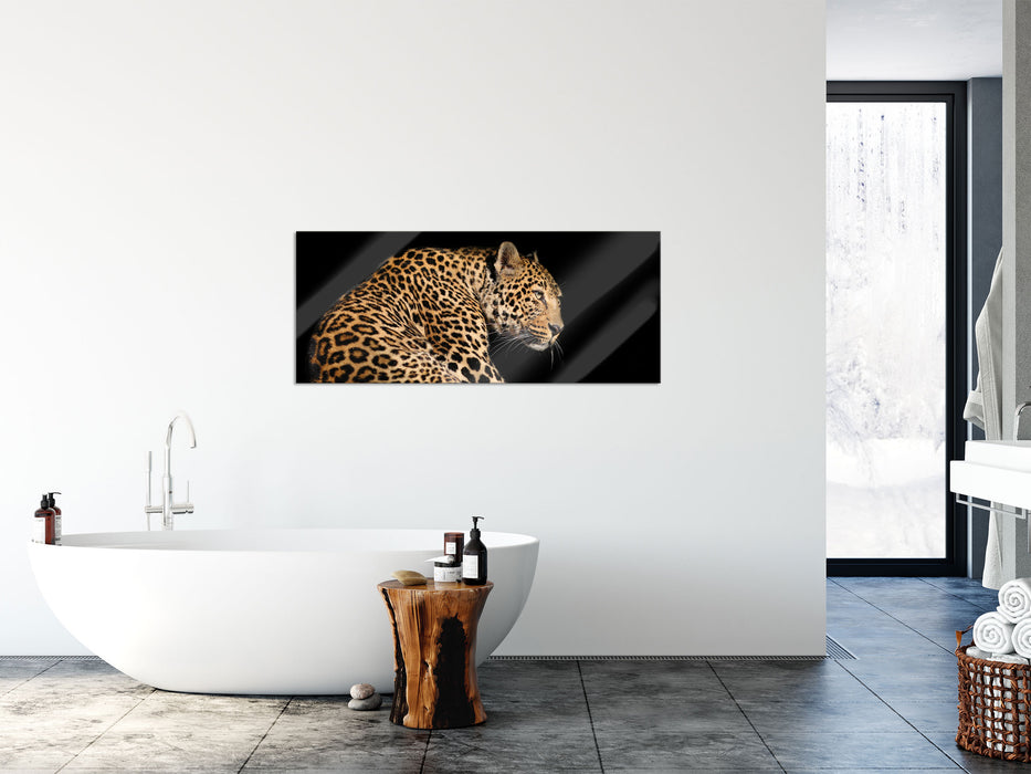 Anmutiger Leopard, Glasbild Panorama