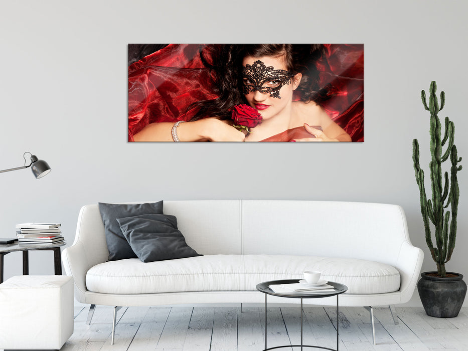 Sexy Frau mit Rose, Glasbild Panorama