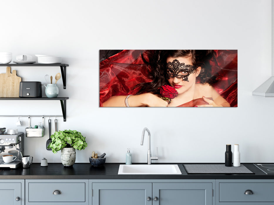 Sexy Frau mit Rose, Glasbild Panorama