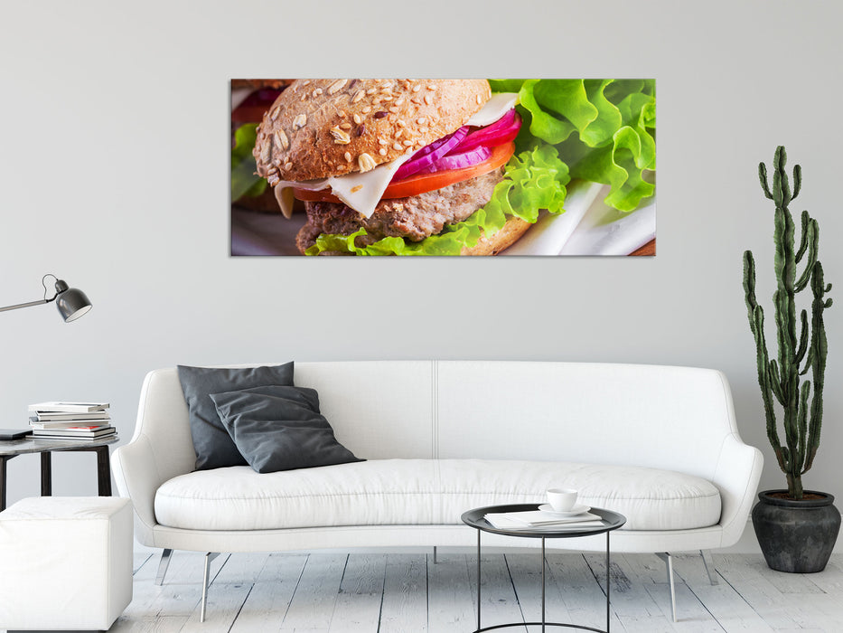 Köstlicher Hamburger, Glasbild Panorama