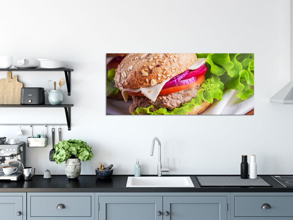 Köstlicher Hamburger, Glasbild Panorama