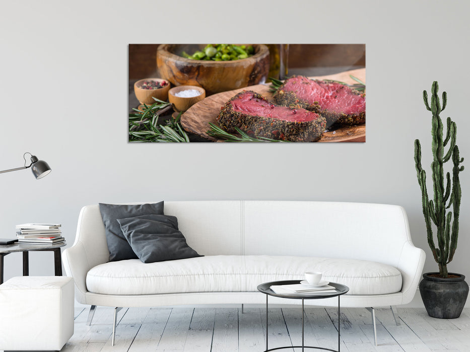 Leckeres Steak, Glasbild Panorama