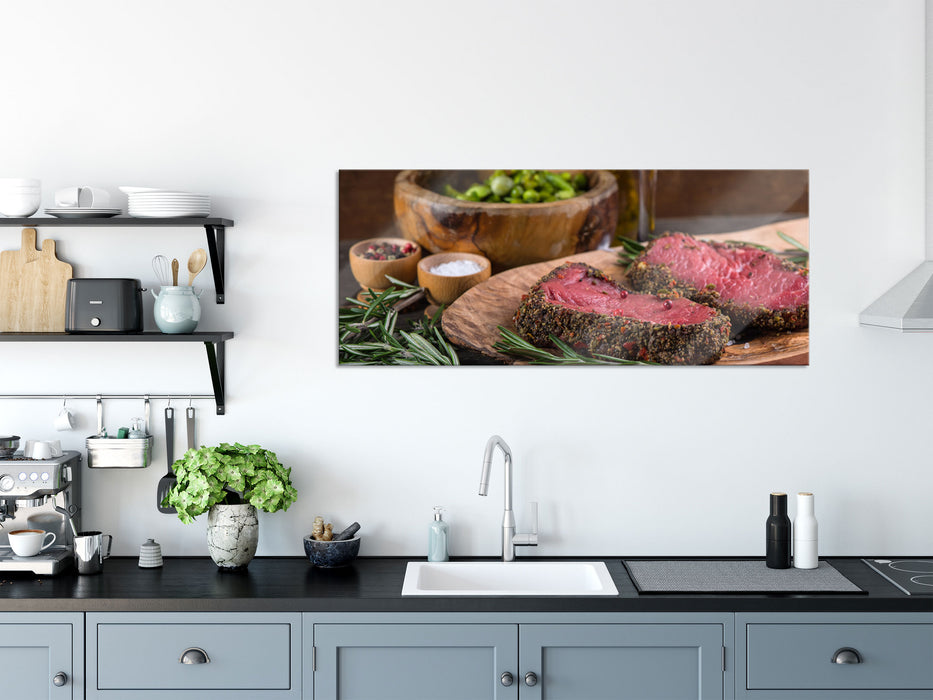 Leckeres Steak, Glasbild Panorama