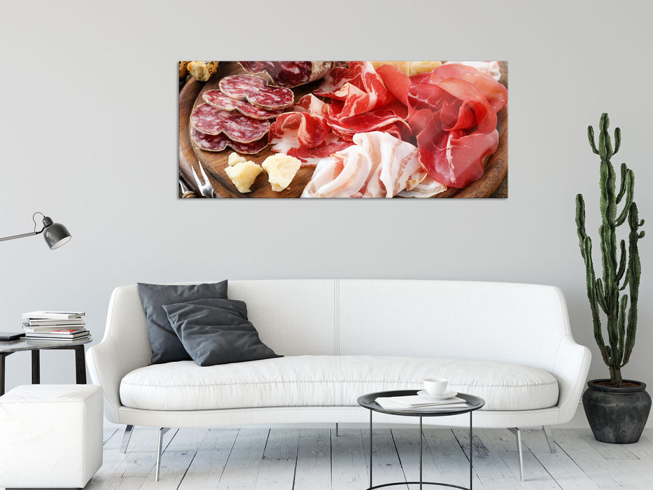 Brotzeit mit Wurst, Glasbild Panorama