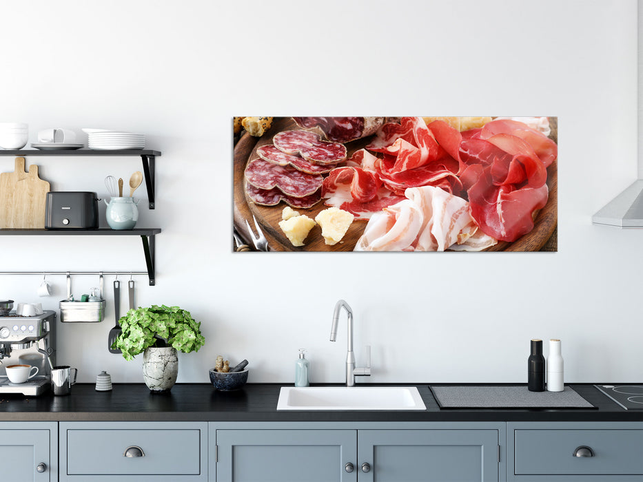 Brotzeit mit Wurst, Glasbild Panorama