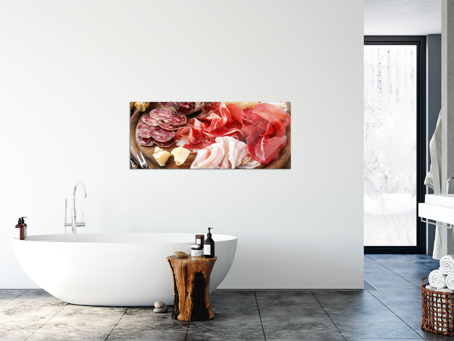 Brotzeit mit Wurst, Glasbild Panorama