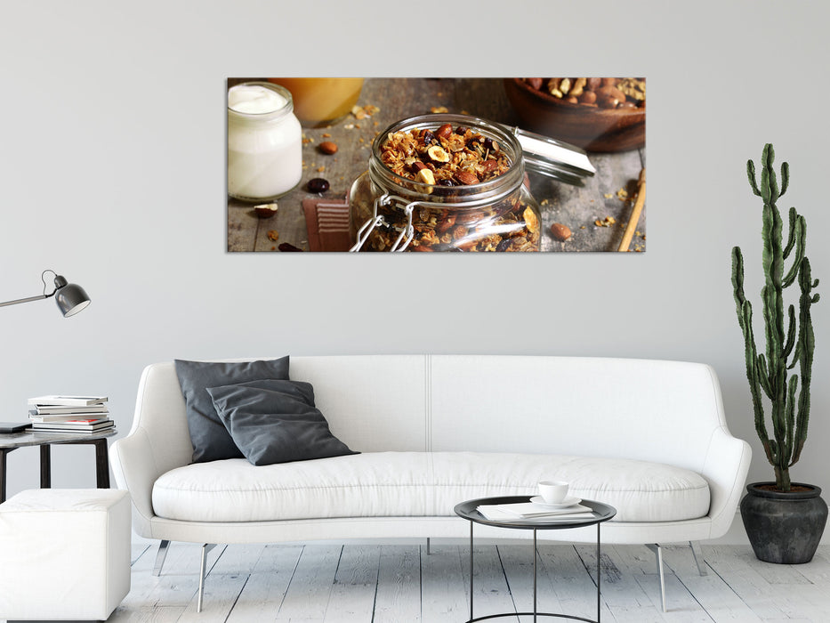 Honig Müsli im Glas, Glasbild Panorama
