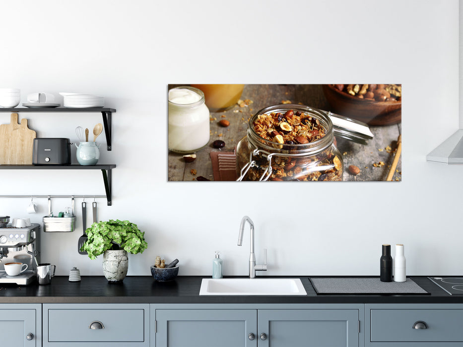 Honig Müsli im Glas, Glasbild Panorama