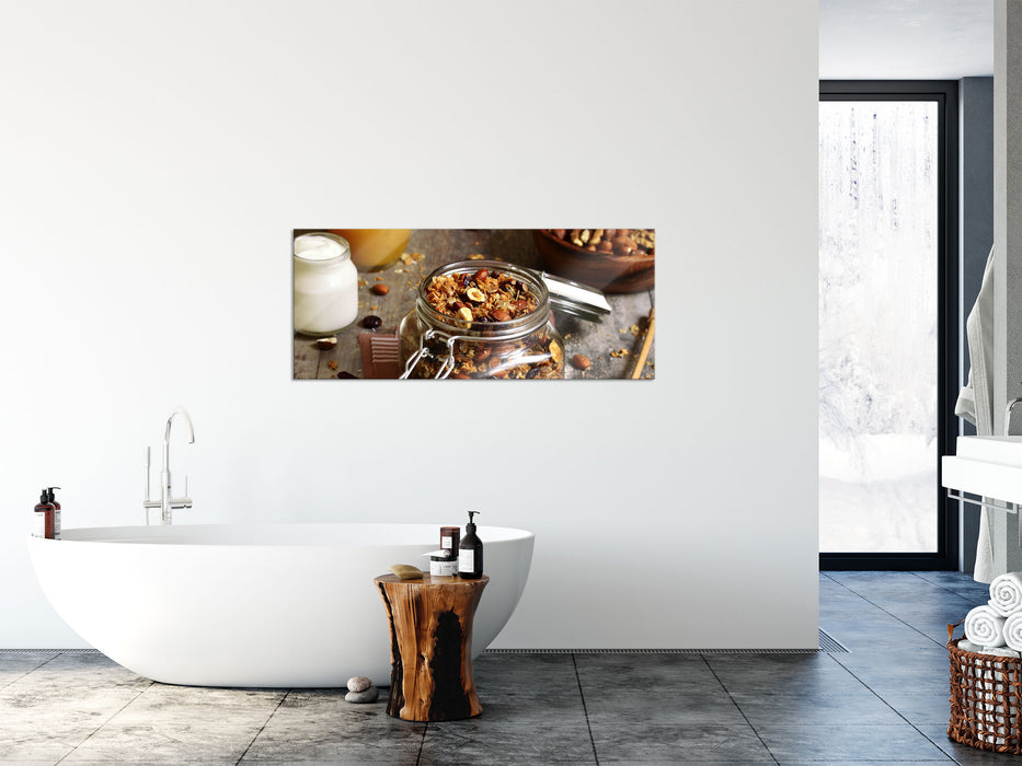 Honig Müsli im Glas, Glasbild Panorama