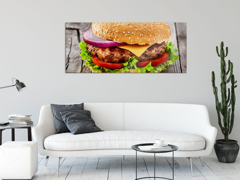 Leckerer Cheeseburger, Glasbild Panorama
