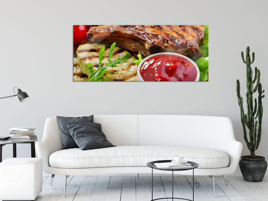 Gegrilltes Steak, Glasbild Panorama