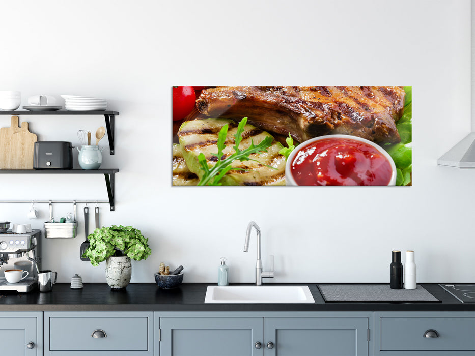 Gegrilltes Steak, Glasbild Panorama