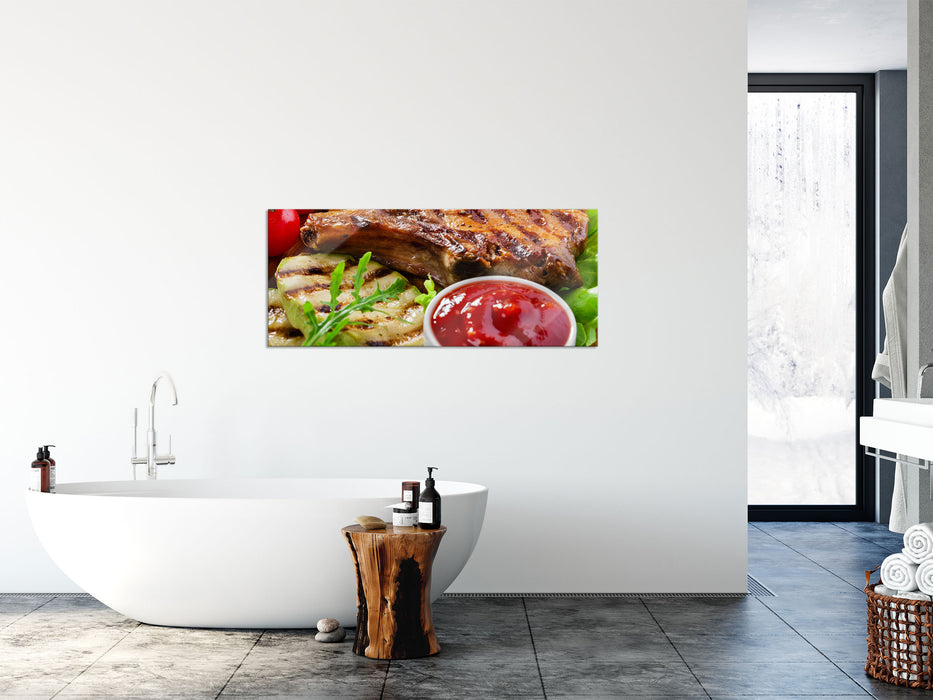 Gegrilltes Steak, Glasbild Panorama