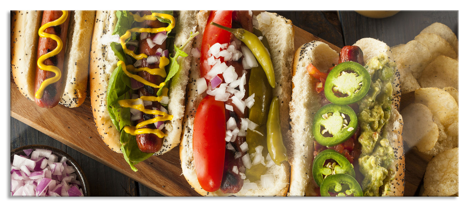 Pixxprint Amerikanische Hotdogs, Glasbild Panorama