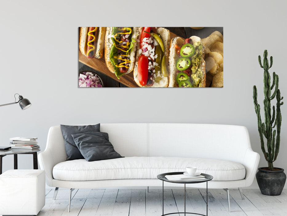 Amerikanische Hotdogs, Glasbild Panorama