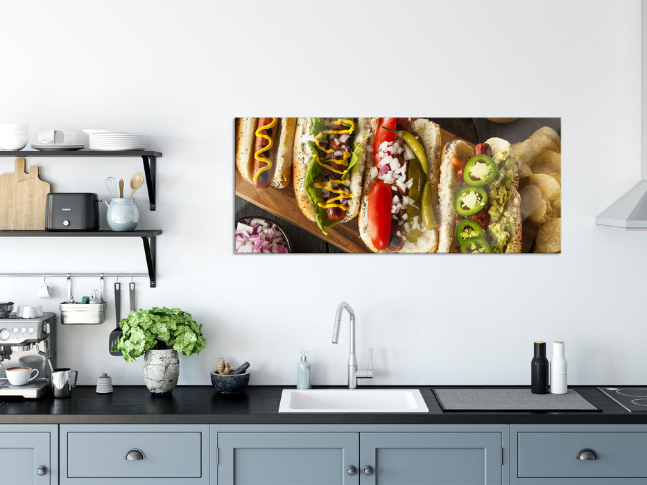 Amerikanische Hotdogs, Glasbild Panorama