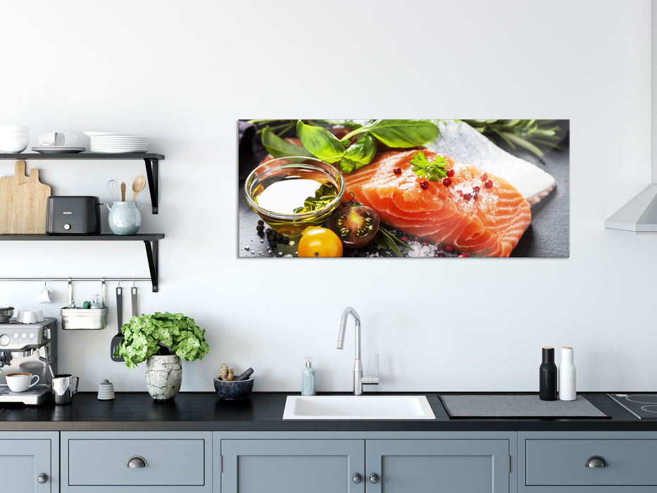 Frische Seelachsfilet, Glasbild Panorama