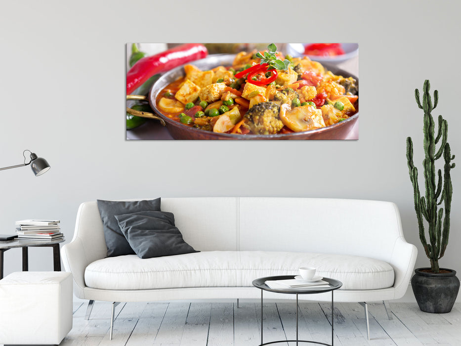 Traumhafte Fleischpfanne, Glasbild Panorama