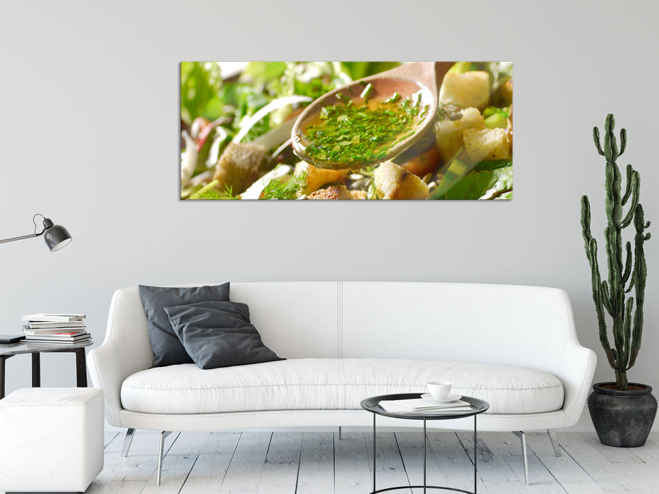 Kräuter Vinaigrette, Glasbild Panorama