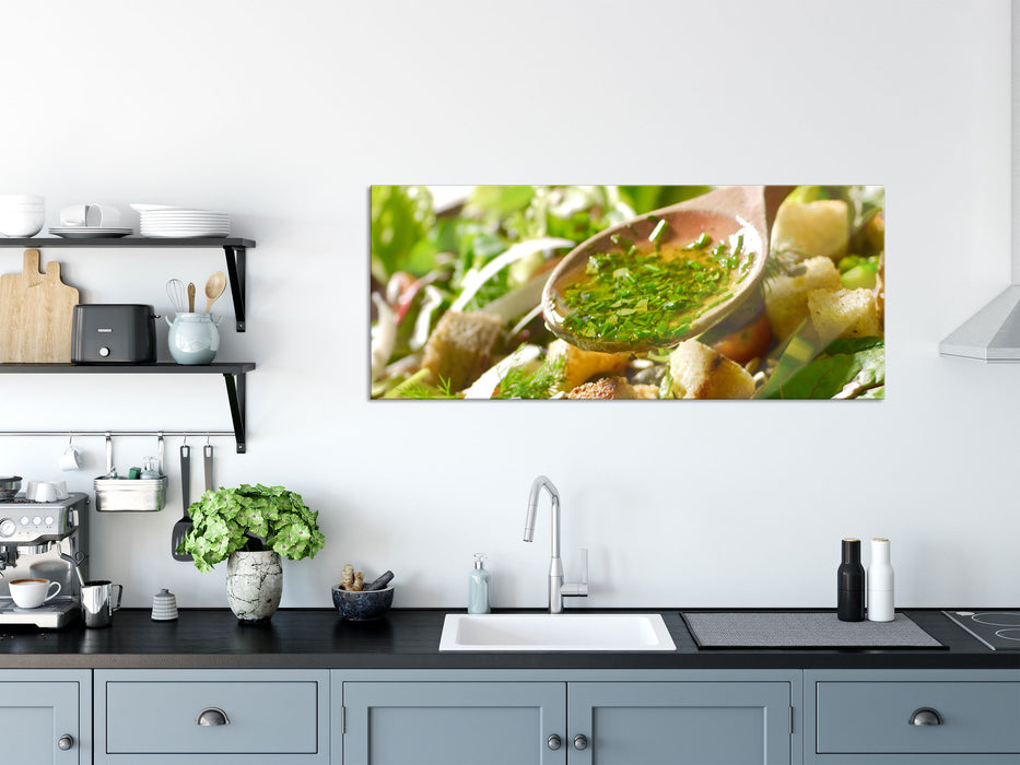 Kräuter Vinaigrette, Glasbild Panorama