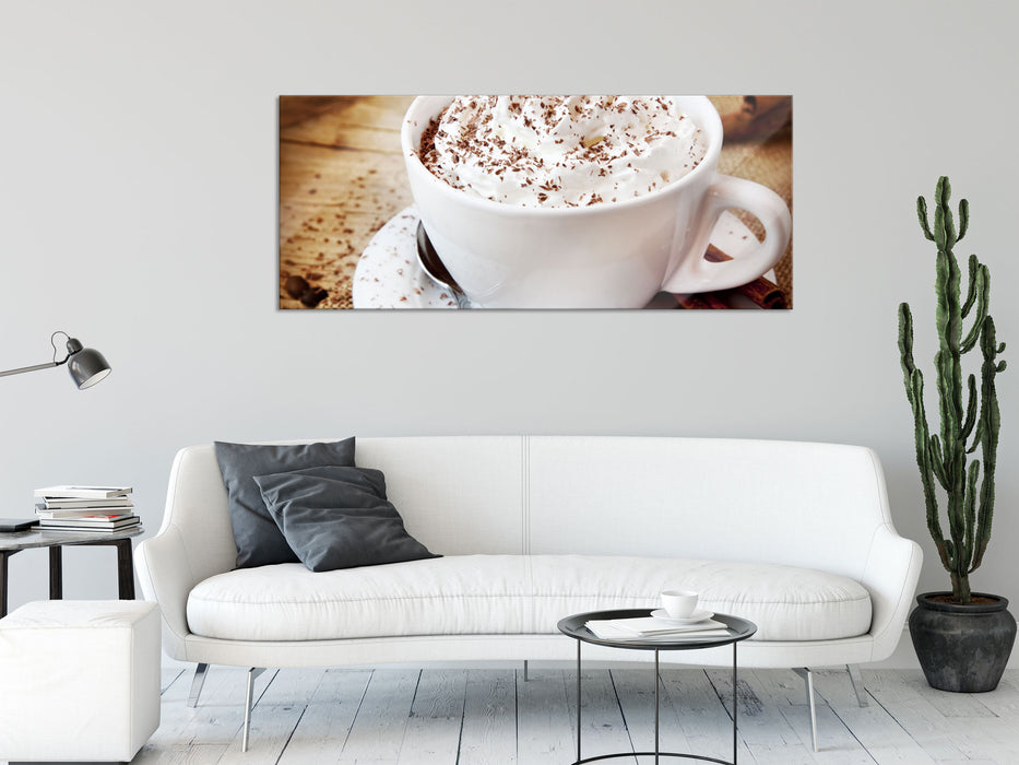 Kaffee mit viel Creme, Glasbild Panorama