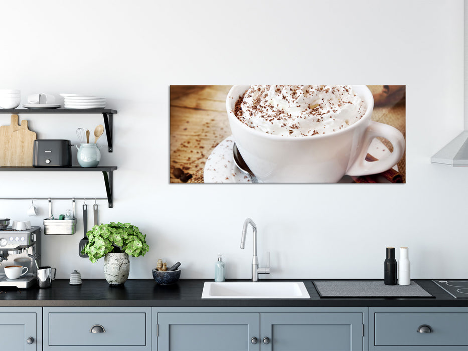 Kaffee mit viel Creme, Glasbild Panorama