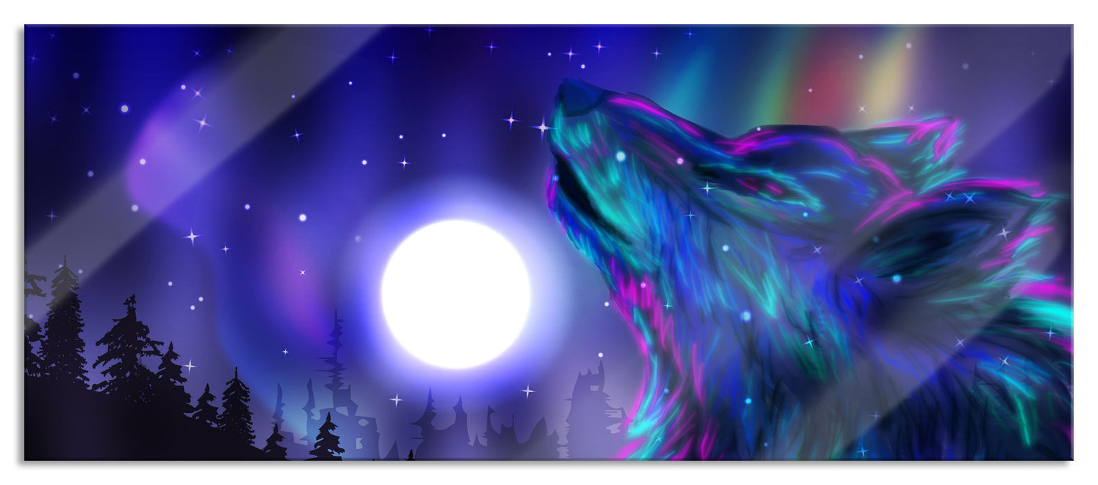 Pixxprint Abstrakter Wolf mit Mond, Glasbild Panorama